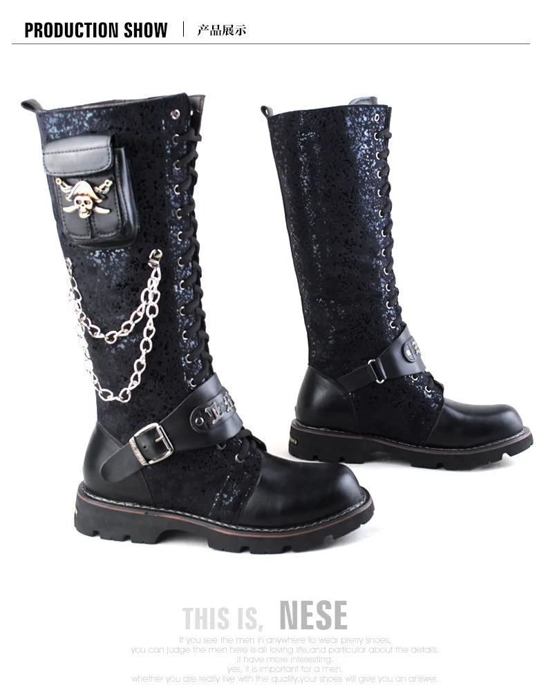 Men Motorcycle Boots  Knee High Boots Low Heels Knight Shoe man Vintage Boots male zapatos,Combat Boots Gothic Skull Punk Boots