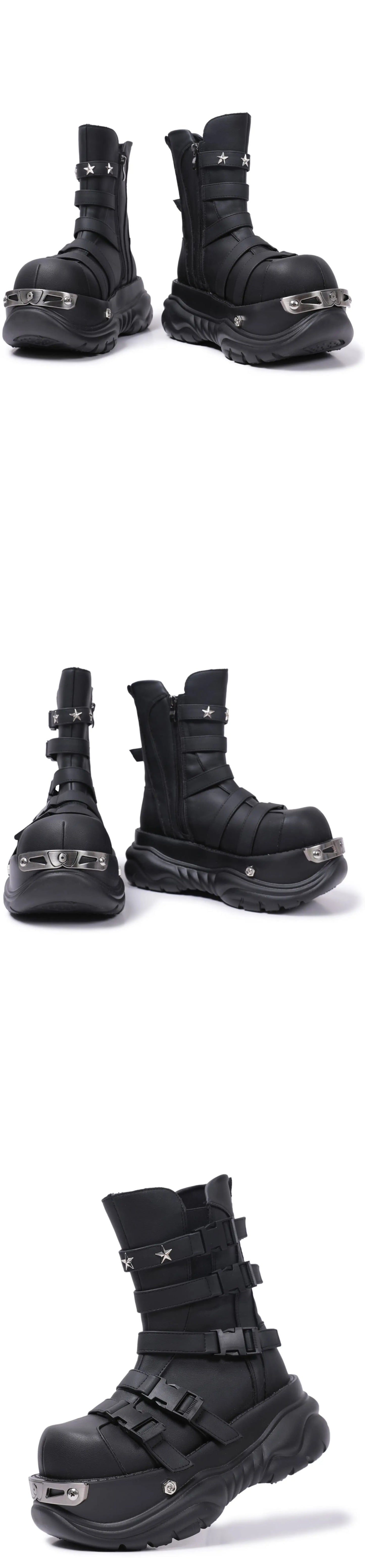 2024 Women's Niche Design Thick Bottom Metal Big Head Y2g Punk Hot Girl Small Height Increase Device Car Platform Boots