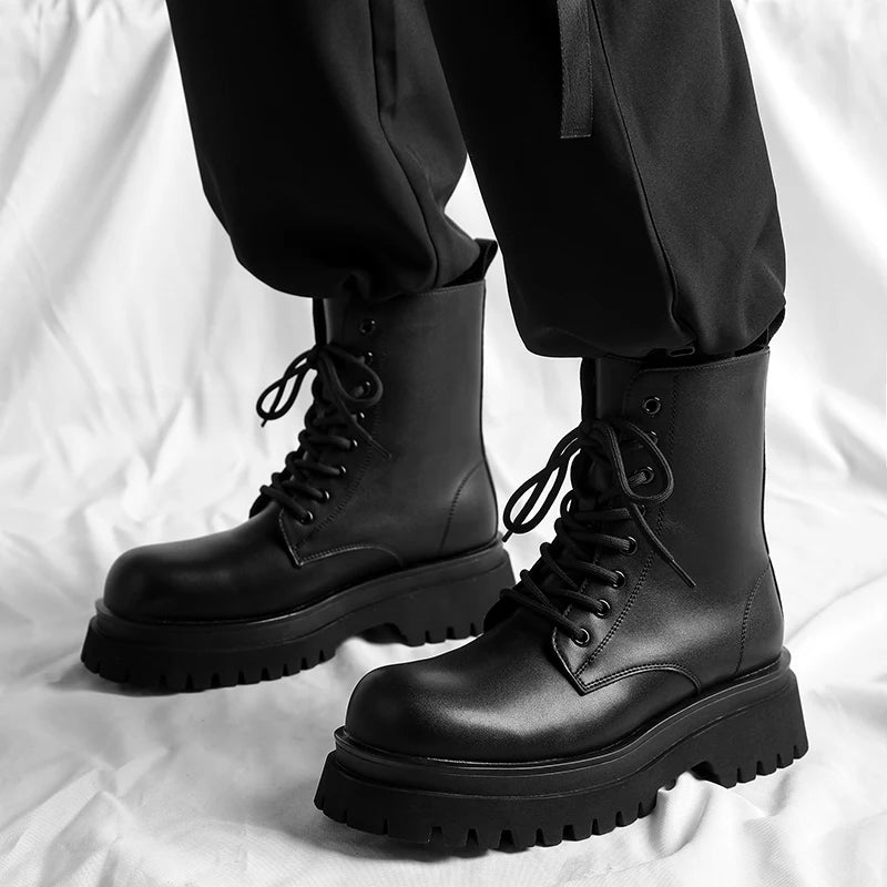 British style men luxury fashion platform boots lace-up genuine leather shoes cowboy chunky boot handsome high motorcycle botas