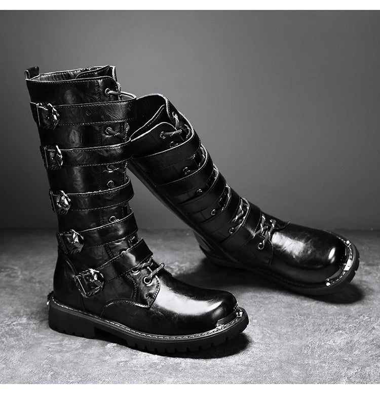2025 High Leather Boots Men Black Boots Gothic Punk Motorcycle Boots Men Big Size 46 Comfy Platform Boots for Men Tooling Boots