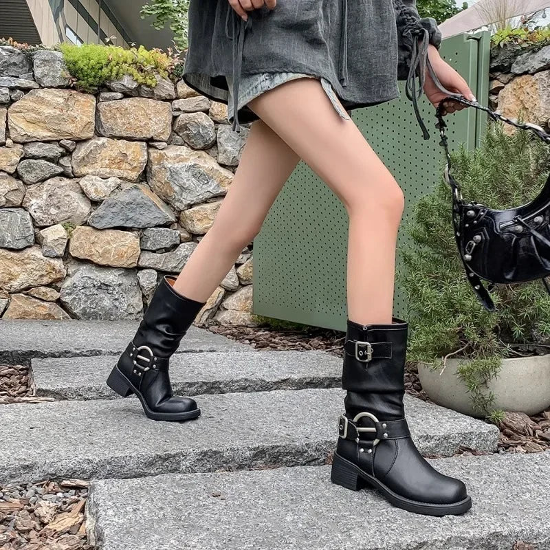Fashion Buckle Motorcycle Boots Women Round Toe Med Heels Ankle Boots Woman 2024 Pu Leather Square Heel Autumn Platform Shoes