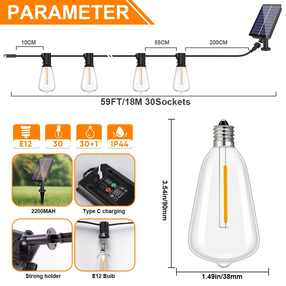 ST38 LED Solar String Light Dimmable Outdoor Shatterproof Garden Solar Powered String Lights with Remote Bistro Cafe Camping Dec