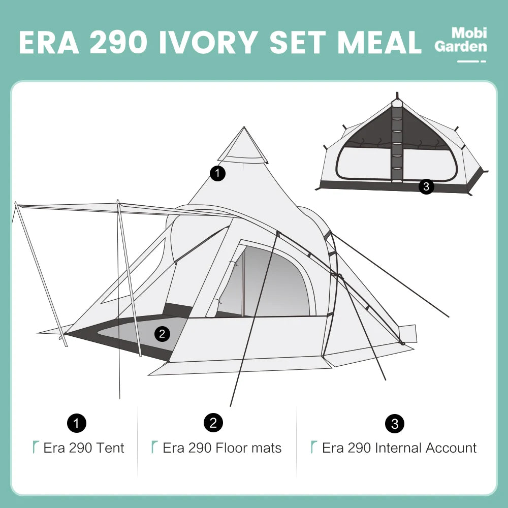 MOBI GARDEN Era290 Outdoor Family Pyramid Camping Tent 5-8 Person Large Space Lobby Sun Shelter Thickened Cotton Portable Tent