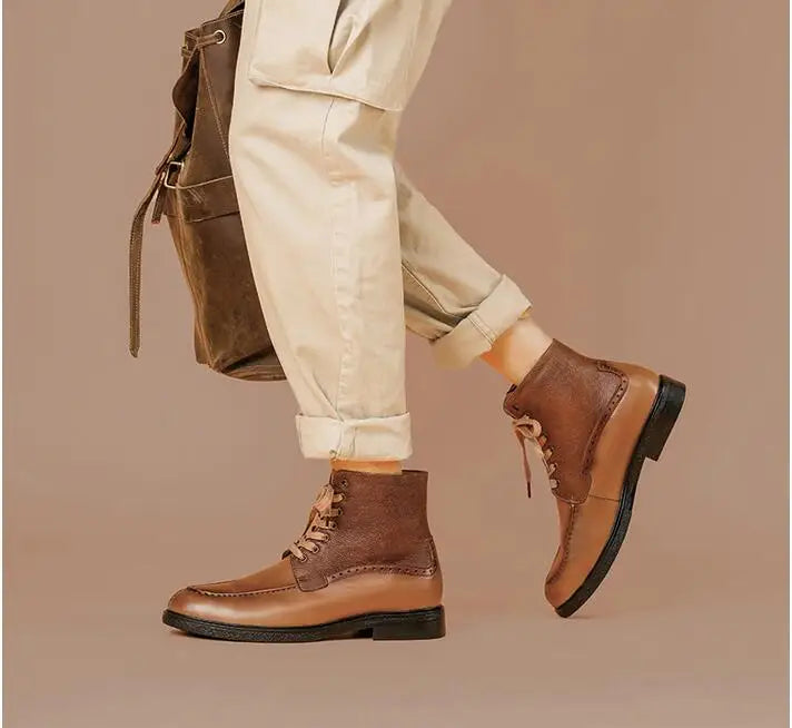 A028 Men's Boots Cow Genuine Leather Lace Up Man Shoes High Calf Male Footwear British New Winter Boots Motorbike Shoes Vintage