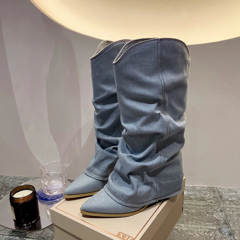 2023 New Knee High Knight Boots Pointed Toe Chelsea Boots Women Shoes Autumn Winter Brand Gladiator Goth Snow Motorcycle Boots