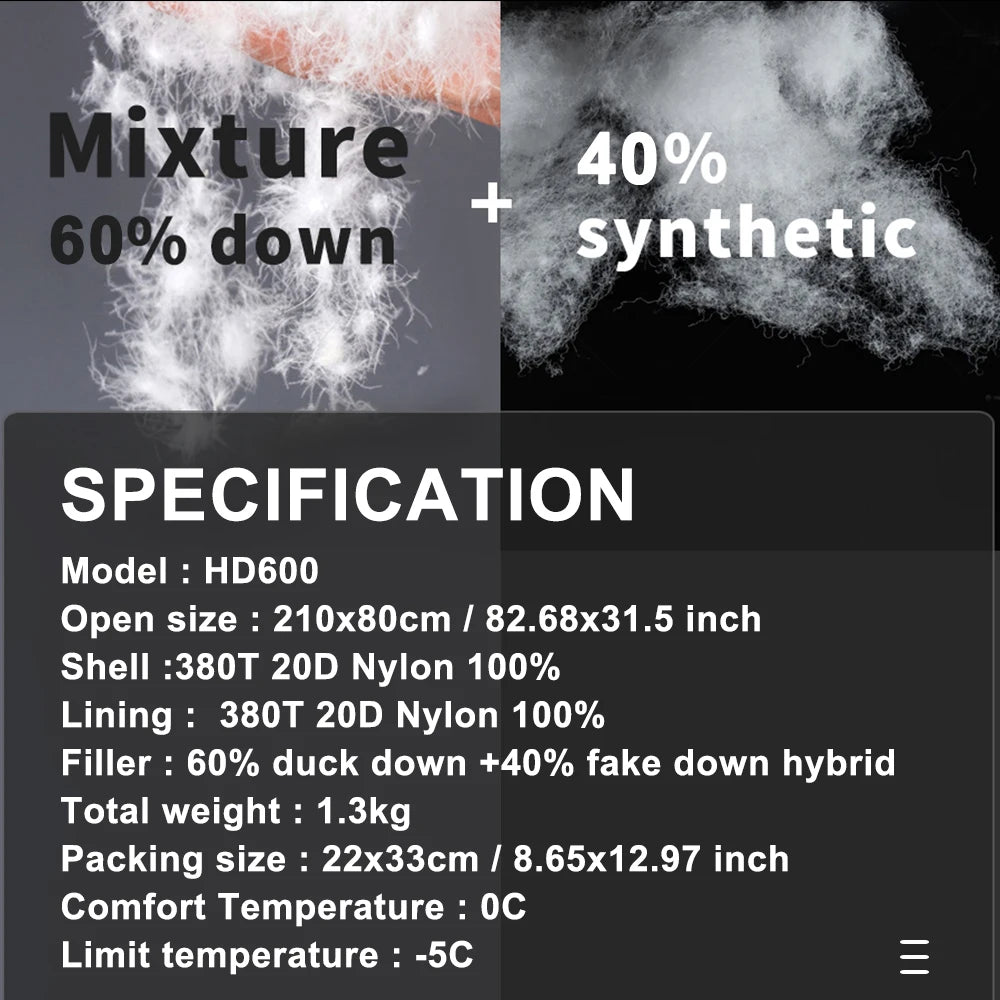 Premium Down and Synthetic Hybrid Sleeping Bag Camping  Lightweight Sleeping Bag High Neck Design Sleeping Bag 0°C to -5°C ，1.3