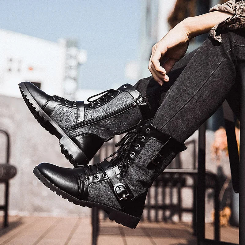 2024 Retro Men's Punk Boots Fashion Street Men Motorcycle Boots Luxury Buckle Strap Tooling Shoes Denim Mid-high Men Army Boots
