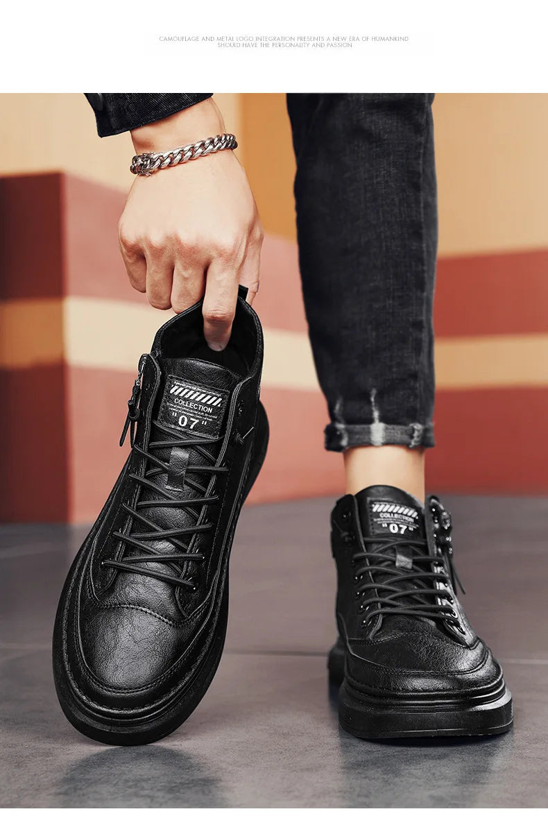 Leather Boots for Men Zipper Man Sneakers Fashion Ankle Boots High Top Man Boots Solid Sports Shoes 2024 Trend Motorcycle Boot