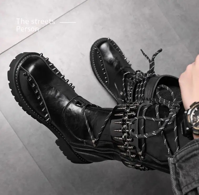 Round Toe Metal Decorations Belt Buckle men Boots Thick Sole Flats Black Zipper Fashion Punk Gothic  Equestrian Motocycle Boots