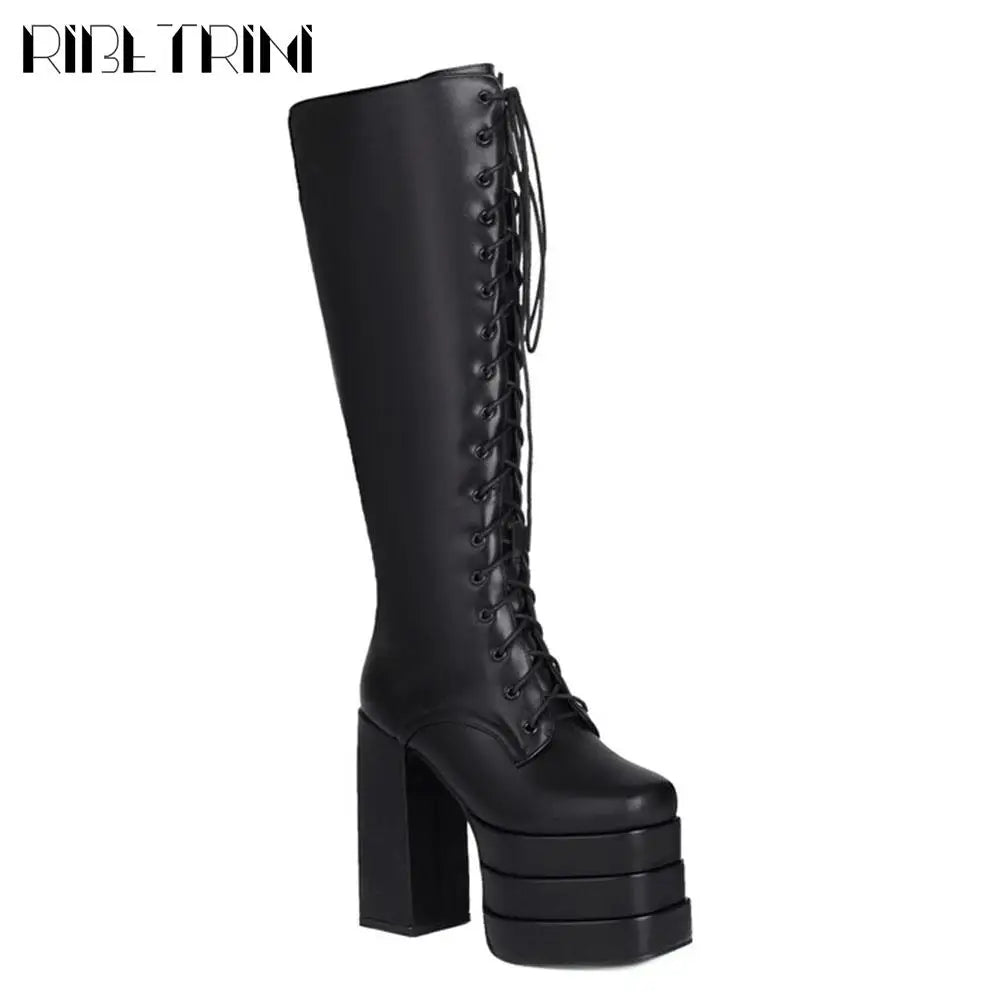 Cool Women Motorcycle Boots High Heeled Knee High Sassy Platform Shoes Lace Up Zip Luxury Designer Brand Winter Street Booties