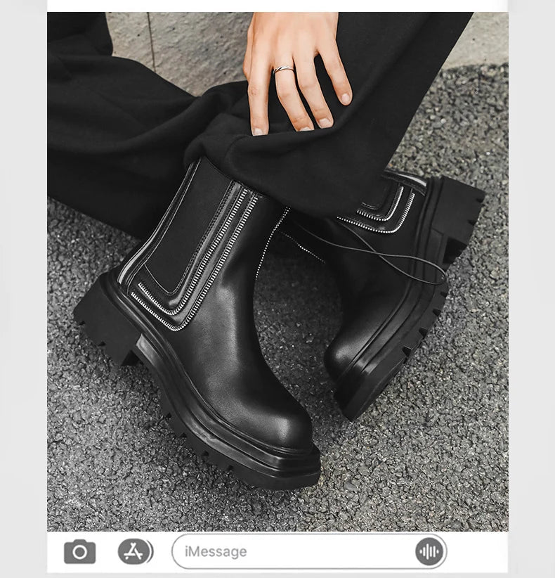 men's fashion punk rock high chelsea boots designer platform shoes cowboy original leather boot square toe long motorcycle botas
