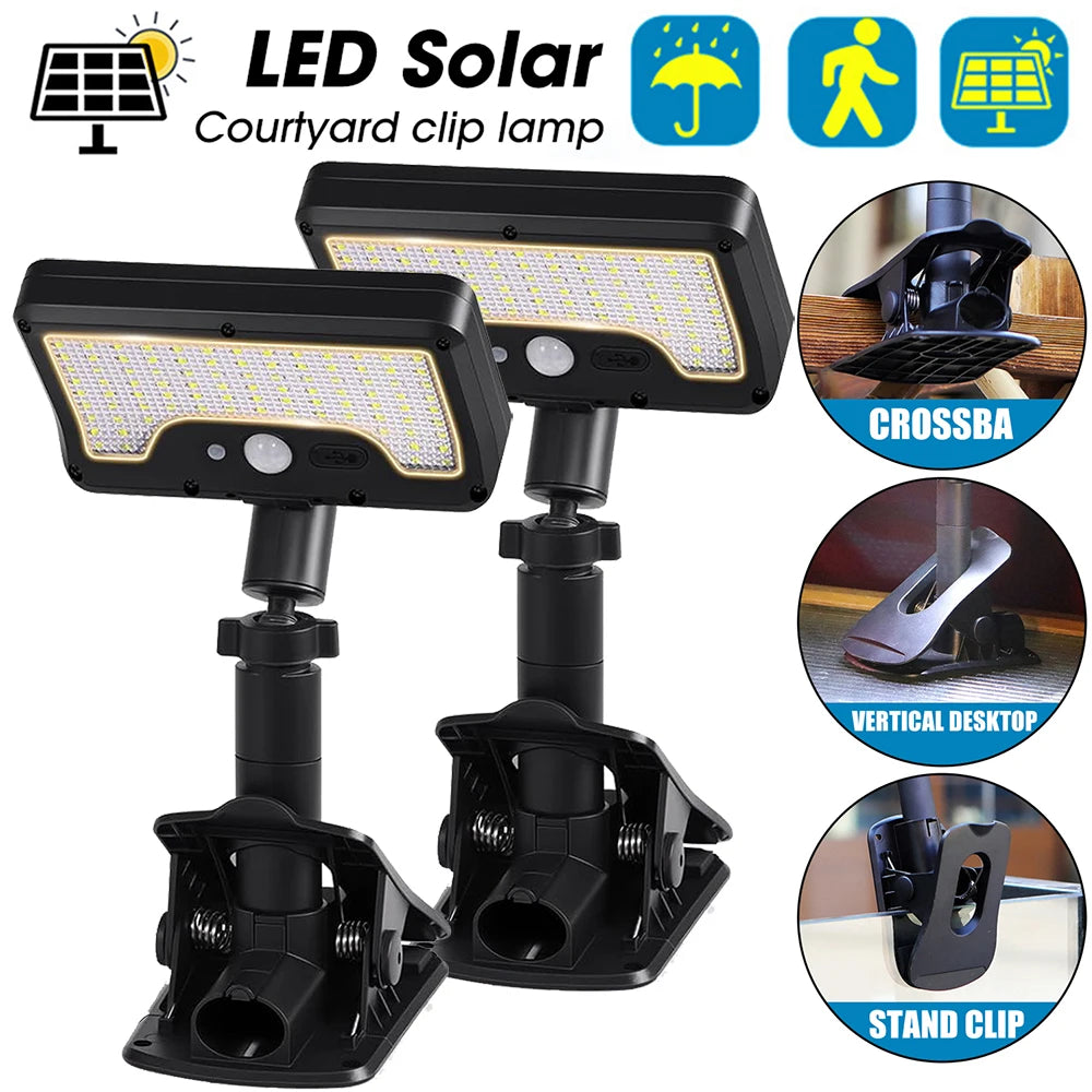 360° Rotatable Solar Motion Sensor Lights Outdoor Vertically Adjustable 4 Modes Waterproof Fence Clip-on LED Lamp for Camping