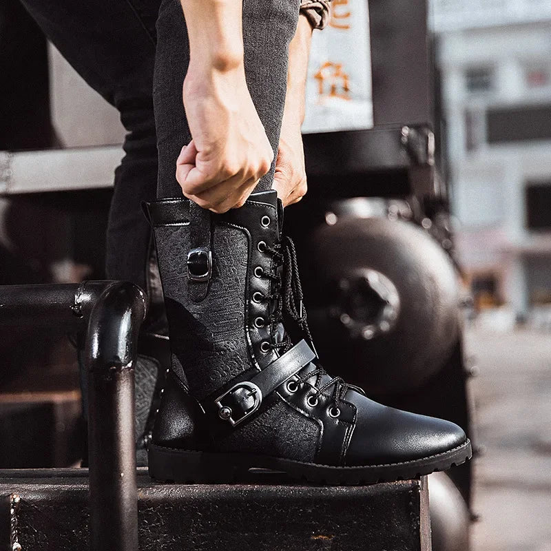 Retro Mid-Carf Punk Boots Winter Men's Plus Velvet Motorcycle Boots All-match Tooling Shoes Denim Mid-high Boots Men botas mujer