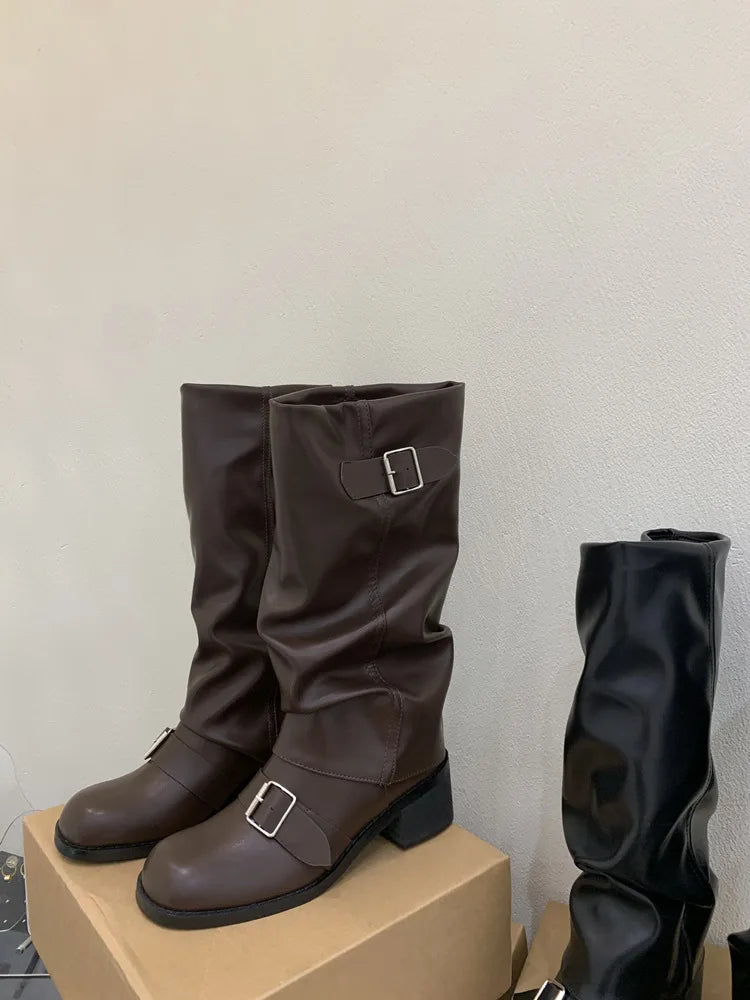 Woman Boots Knee High Platform Heels Trend Punk Gothic New Rock Leather Fashion Women Shoes Motorcycle Footwear Zapatos De Mujer