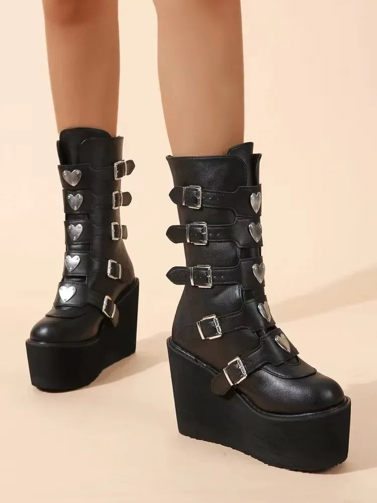 Brand Fashion Gothic Boots for Women Street Woman Boots Wedges Buckles Glittered Black Chunky Platform Motorcycles Boots Women