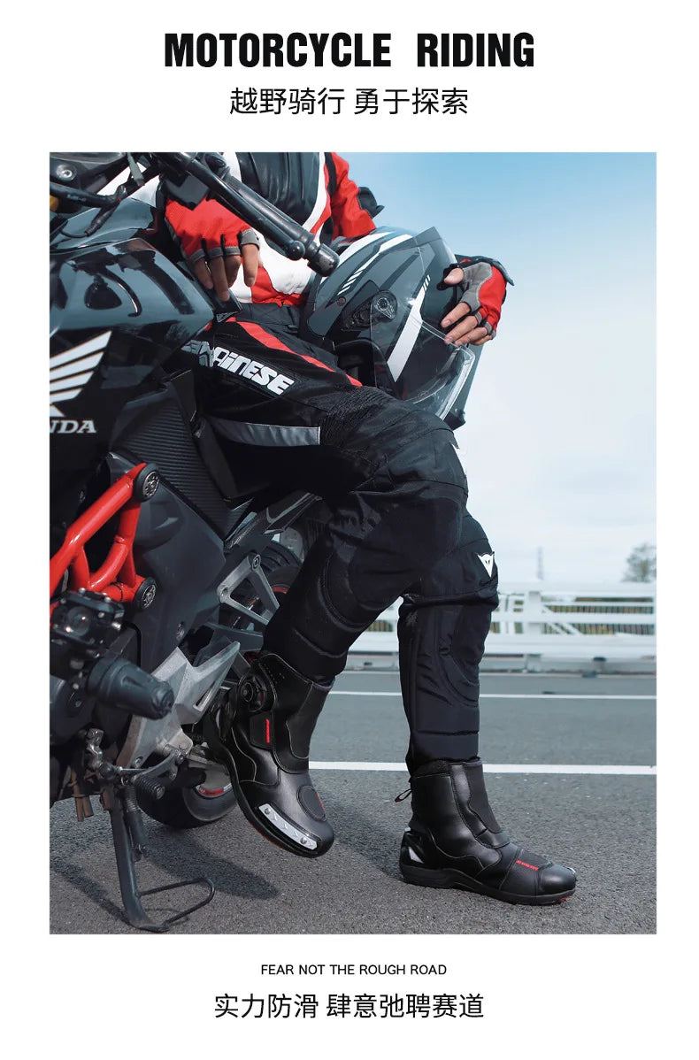 Motorcycle Boots Man Waterproof Studded Boots Hook and Loop Fasteners Wear-Resistant Motorcycle Shoes Anti-Slip Anti-Fall