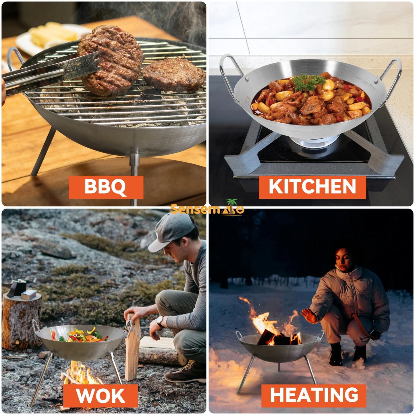 Tripod Fire Pit Grill Wood Burning Cooking Pot Detachable Legs Foldable Camping Charcoal BBQ Stove Heating Outdoor Garden Beach