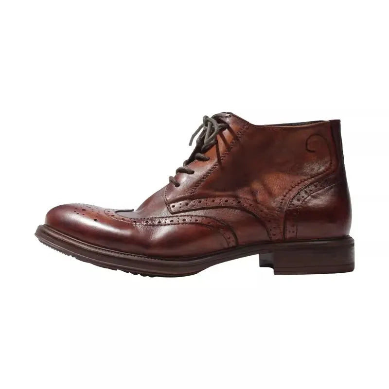 Casual Handmade Vintage Cowhide Genuine Leather Short Boots Men Carving Design High Top Cargo Shoes Men Lace Up Motorcycle Boots