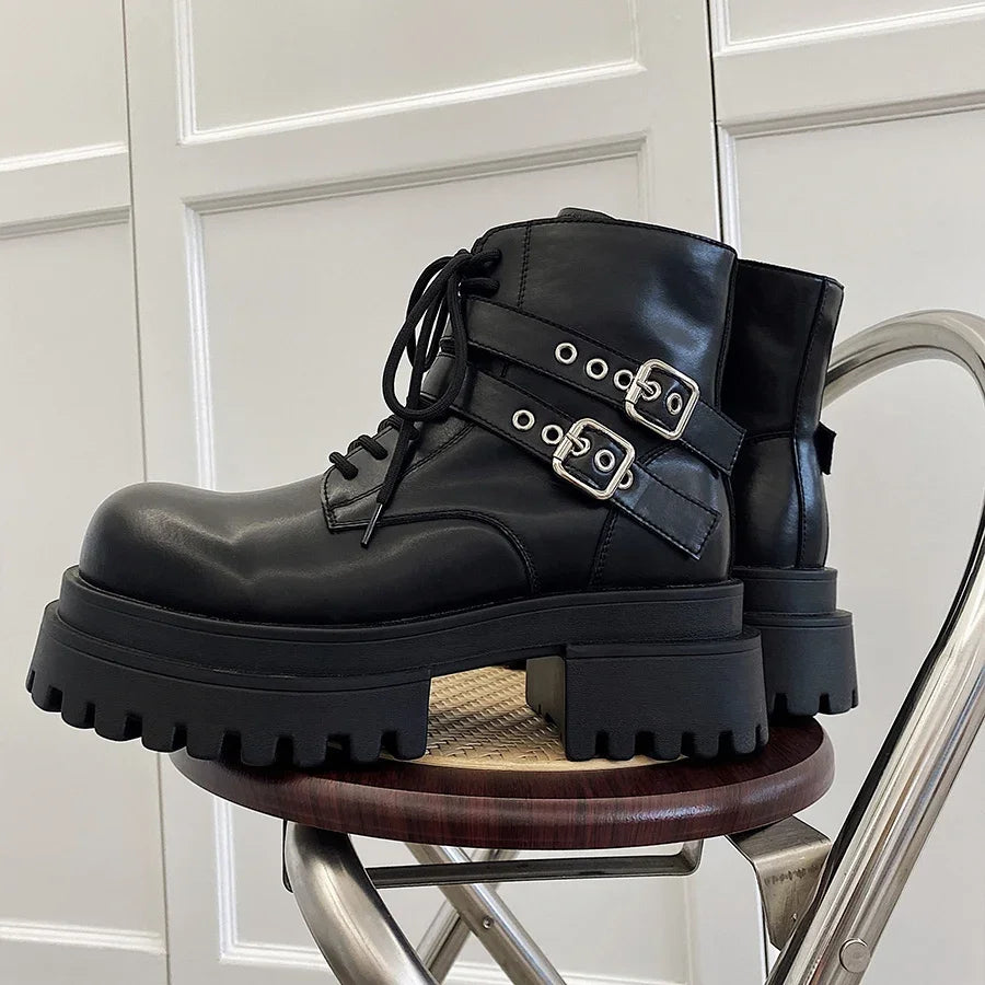 Height increased by 7CM short leather boots for men's dark punk functional motorcycle boots commuting buckle work clothes shoes