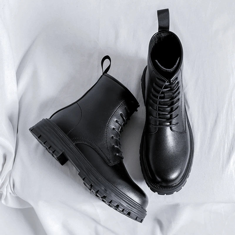 men fashion motorcycle boots black tide lace-up platform shoes cowboy genuine leather boot street cool high top botas masculinas