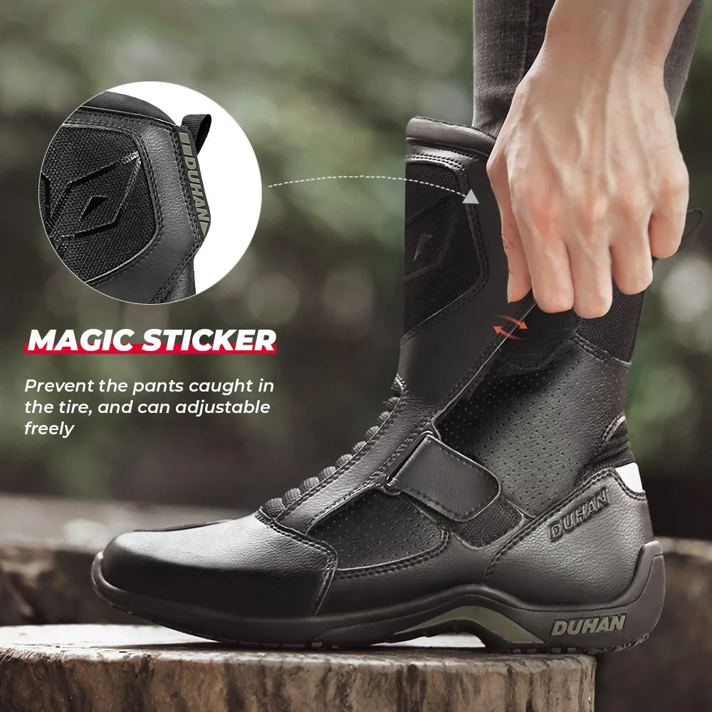 Motorcycle Boots Men Leather Waterproof Riding Black Shoes Summer Breathable Safety Motocross Motobike Thick Sole Protection