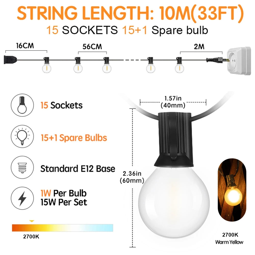 Waterproof G40 Led Lights Decoration EU 220V US 110V String Light Warm White Frosted White Wedding Party Garden Lights Outdoor