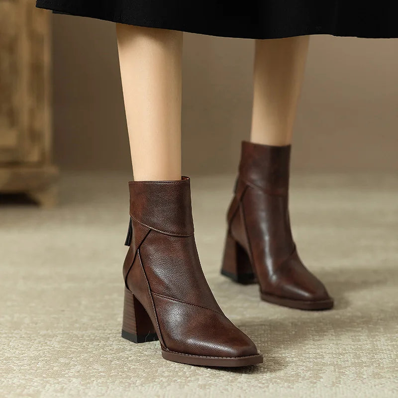 Woman Chunky Ankle Boots Women Zipper Retro Brown Soft Leather Short Boot Autumn New Square Toe Casual High Heel Booties Mujer