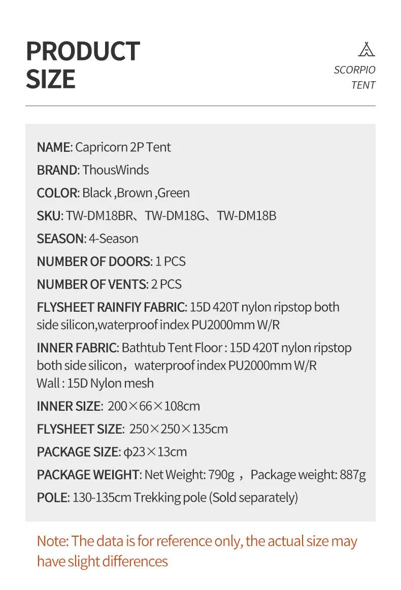 Thous Winds Capricorns 2 Person Tent, Ultralight Hiking Backpack Tent, Camping Pyramid Tent, Outdoor 15D Ripstop Nylon Camp Tent