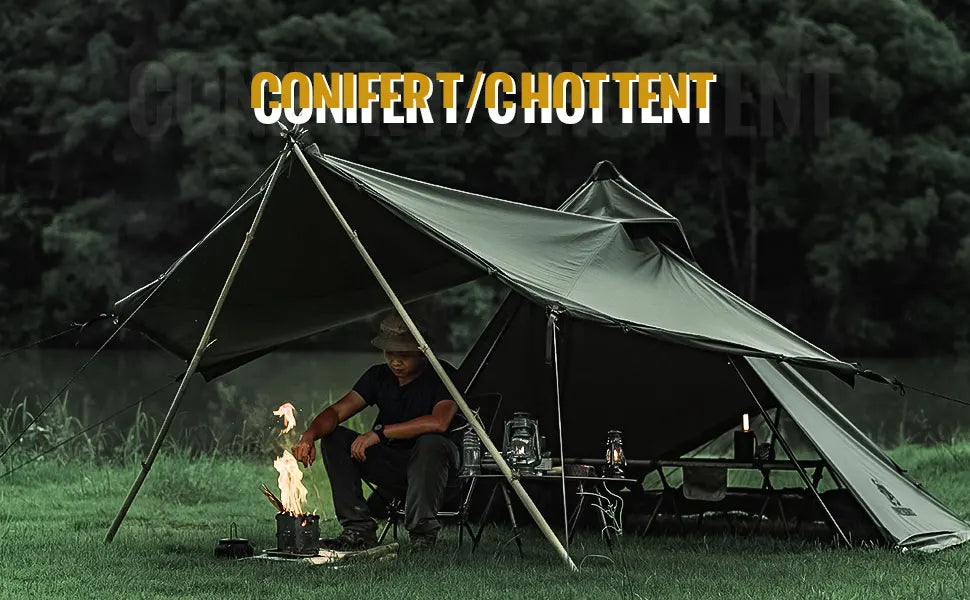 OneTigris CONIFER T/C Chimney Tent 1-2 persons Pyramid/Teepee Hot Tent With Tent Poles Snow Skirts for Camping & Bushcrafting