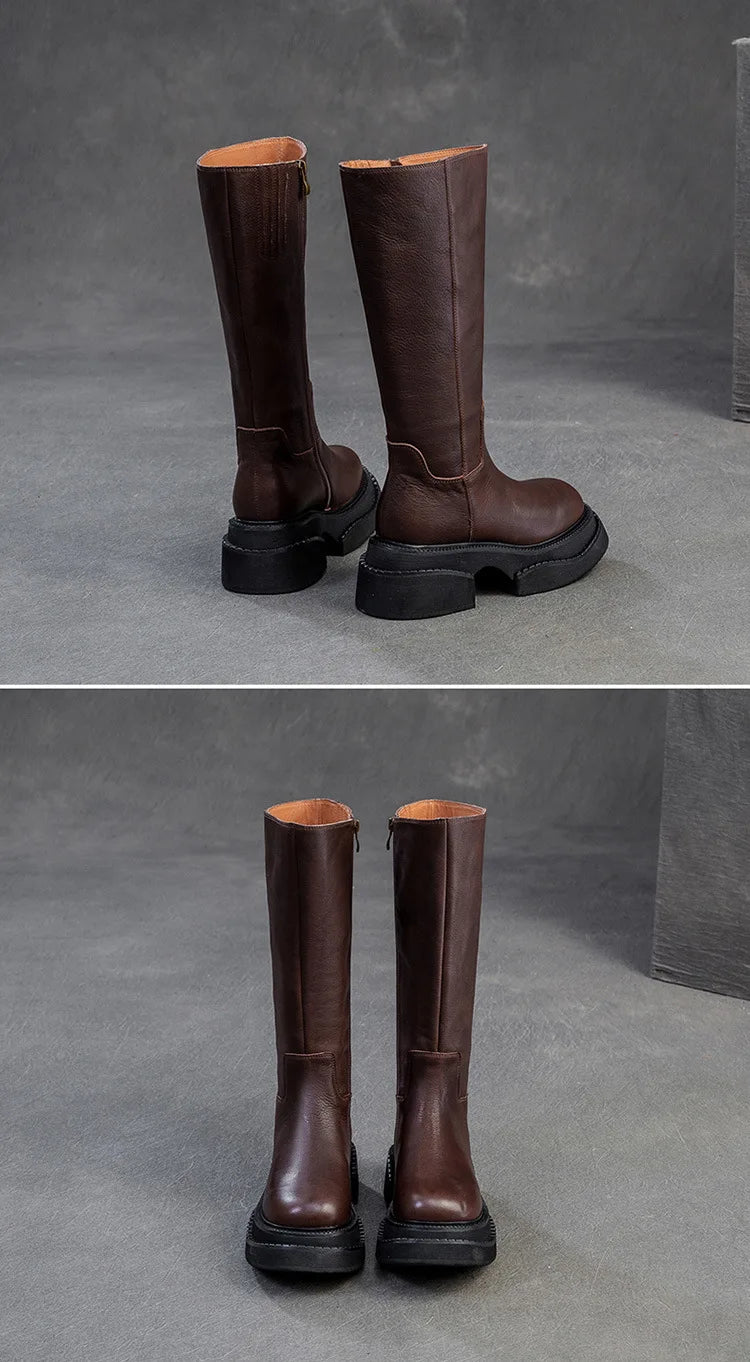 6.5cm Cow Genuine Leather Women Ankle Knee Motorcycle Booties Boots Chunky Heels Platform Wedge Shoes Chimney High ZIP Spring