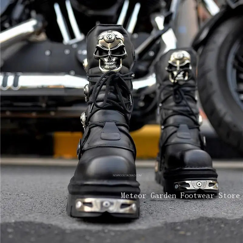 Unisex Handmade Custom Skull High Boots Metal Decorated Motorcycle Punk Thick-Soled Couple Shoes New for Men and Women