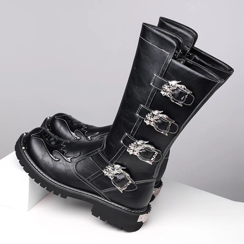 Fashion Men's Leather Shoes Keep Warm High Top Shoes All-match Outdoor Male Motorcycle Boots Mid-Calf Boots Leisure Walk Botas