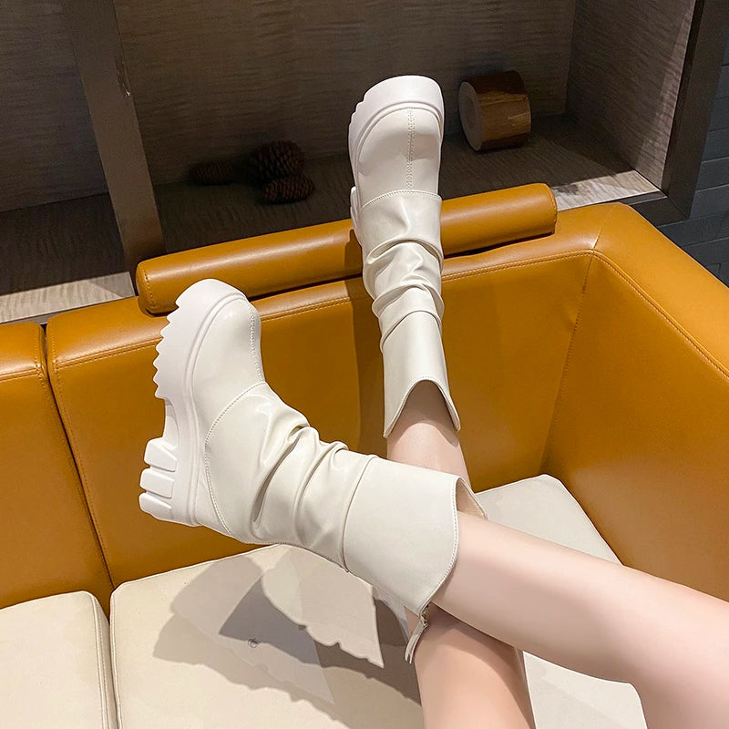 9CM Women Mid Calf Boots Autumn Winte Soft Leather Motorcycle Boots High Platform Square Heels Ladies Chunky Shoes Botas Mujer