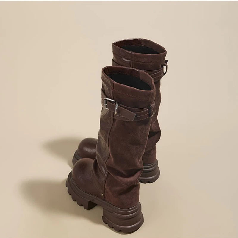 Fujin 8cm Knee High Boots Sexy for Women Platform Heel Motorcycle Booties Punk Genuine Leather Autumn Comfortable Chunky Shoes