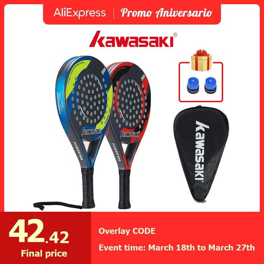 Kawasaki Brand Padel Tennis Carbon Fiber Soft EVA Face Tennis Paddle Racquet Racket with Padle Bag Cover Power 600