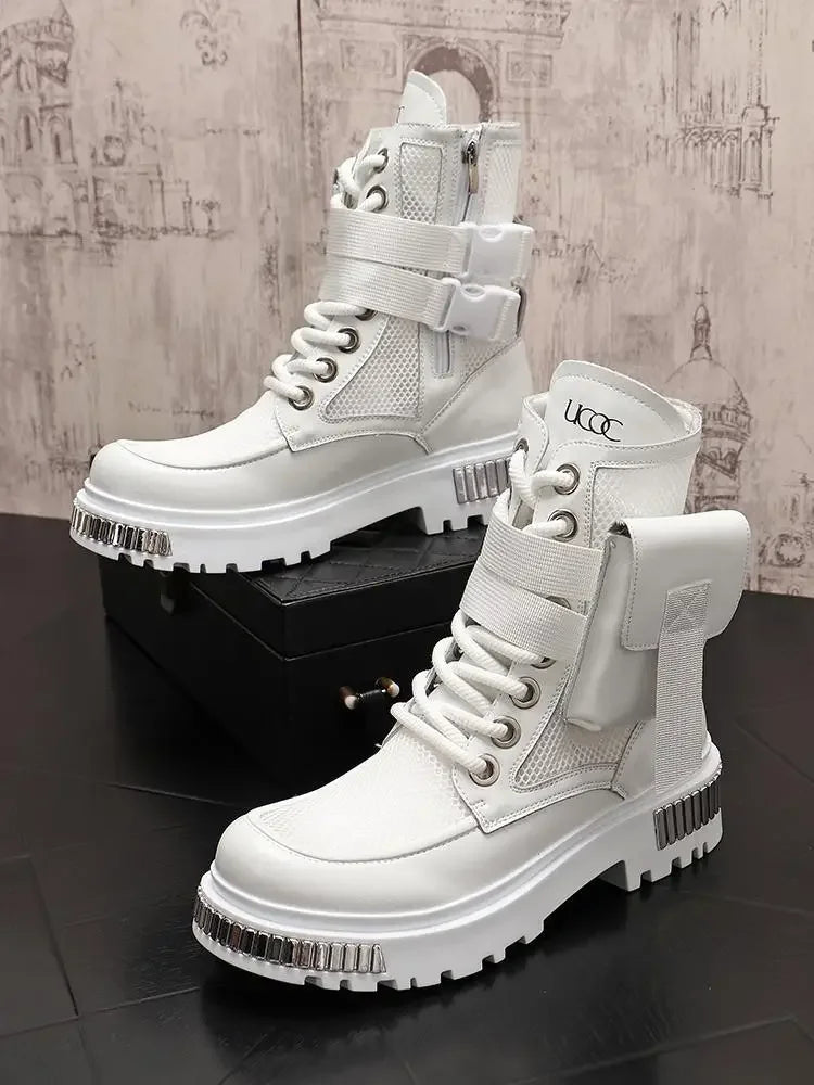 2025 New Men's Thin High-Top New Mid-Calf Motorcycle Height Increasing Insole Summer Ankle Boots Hollow out