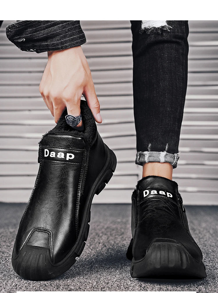 2025 High Top Men's Winter Shoes Comfortable Black Fluff Boots Men Warm Plush Leather Casual Sneakers Men Work Motorcycle Boots