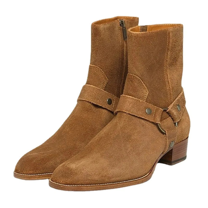 Brown Men Chelsea Boots Handmade High-quality Cow Suede Business Casual Square Toe Mid-heel Men Shoes Motorcycle Boots With Heel