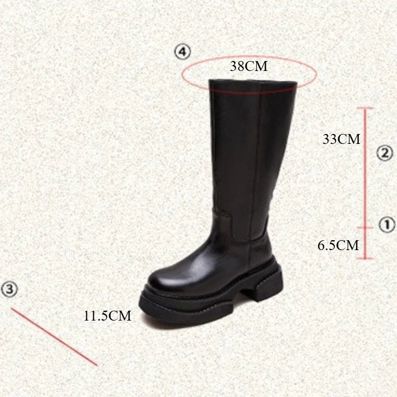 6.5cm Cow Genuine Leather Women Ankle Knee Motorcycle Booties Boots Chunky Heels Platform Wedge Shoes Chimney High ZIP Spring