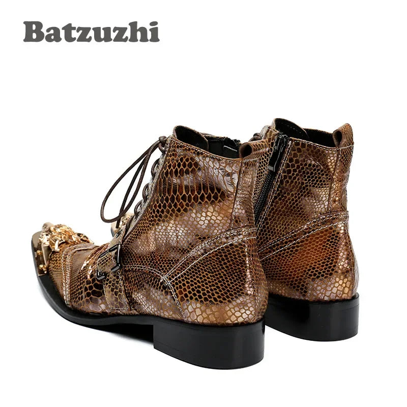 NEW Western Punk Men Boots Ankle Golden Leather Short Boots Rock Winter Autumn Motorcycle Boots Men botas hombre,US6-12