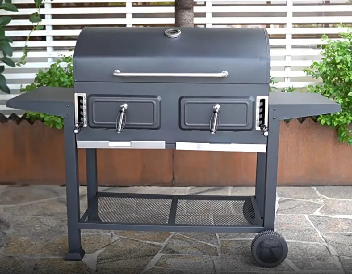 Portable Outdoor Bbq Wood  Grills Large Duty Charcoal Bbq Grill Trolley Smoker Barbecue Grill With Foldable Double Side Table