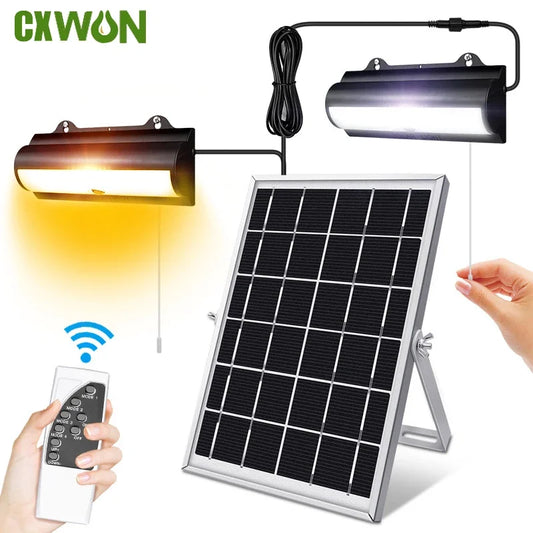 Double Head Solar Pendant Light Outdoor Waterproof Garden PIR Motion Sensor LED Floodlight Dimmable Remote Cord Solar Light Shed