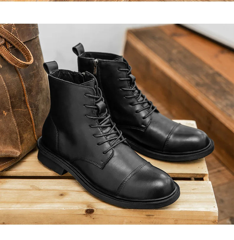 A047 New Men's Boots British High Calf Man Shoes Fashion Round Toe Ankle Boots Comfort Flats Shoes Leather Motorbike Shoe