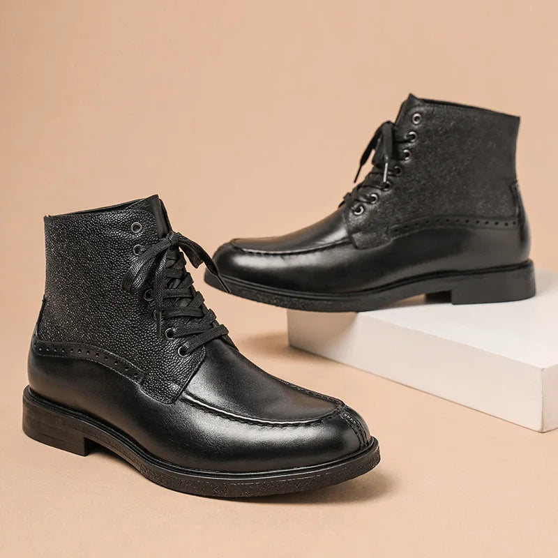 A028 Men's Boots Cow Genuine Leather Lace Up Man Shoes High Calf Male Footwear British New Winter Boots Motorbike Shoes Vintage