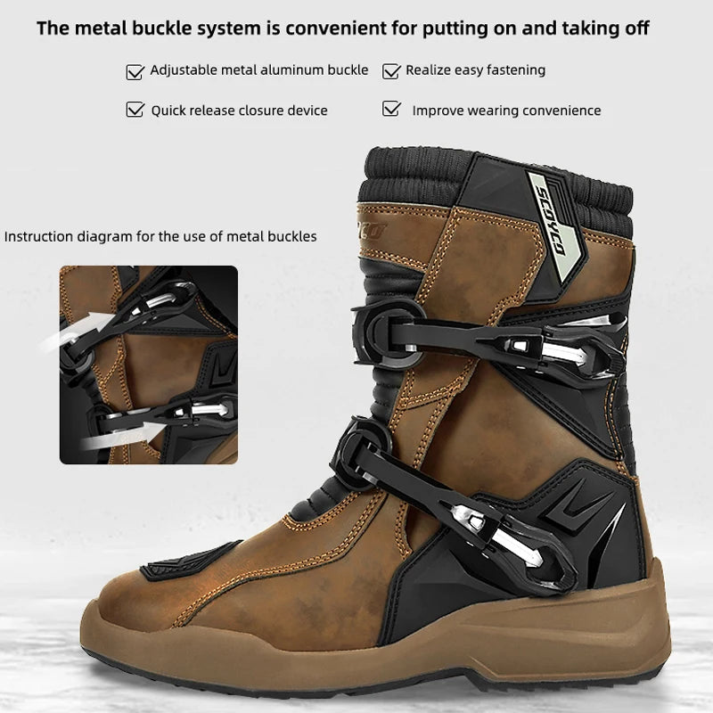 SCOYCO Motorcycle Protective Boots Men Waterproof Enduro Motorcyclist Shoes TPU Leather Anti-slip Motocross Rally High Top Boots