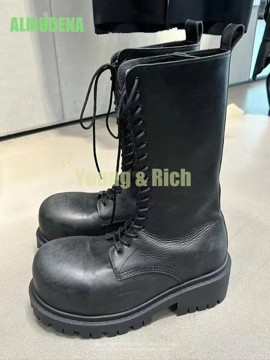 Black Leather Motorcycle Men's Boots Leather Shoes Thick Heel Round Toe Height Increasing Lace Up Work Boots Botas Mujer