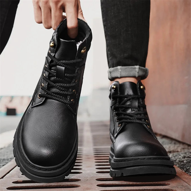 New Autumn Winter Men High Top Shoes Fashion Motorcycle Boots Outdoor Leisure Ankle Boots Comfortable Man Lace-Up Botas Sneakers