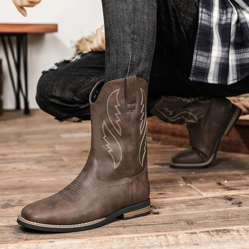 Western Style Cowboy Chelsea Boots Vintage Mid-calf Boots Pointed Toes Classical Shoes Genuine Leather Worker Winter Booties