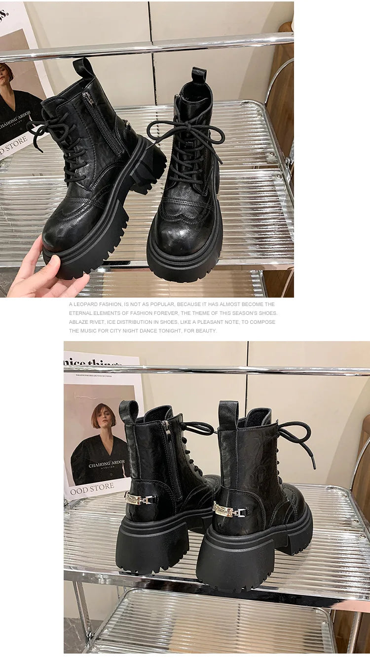 Boots Woman 2025 Trend Female Shoes Winter New British platform Lace up zipper ankle boots Plush Flat Heel Motorcycle boots