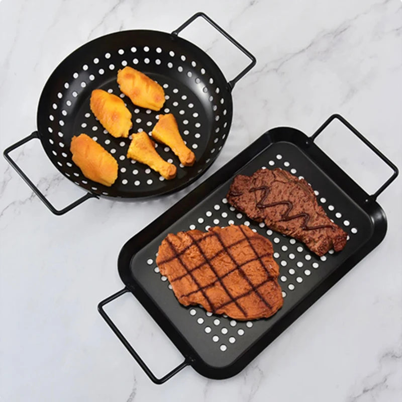Stainless Steel Barbecue Grill Basket With Perforated Drain Basket Non-Stick Charcoal Plate Camping Portable BBQ Accessories